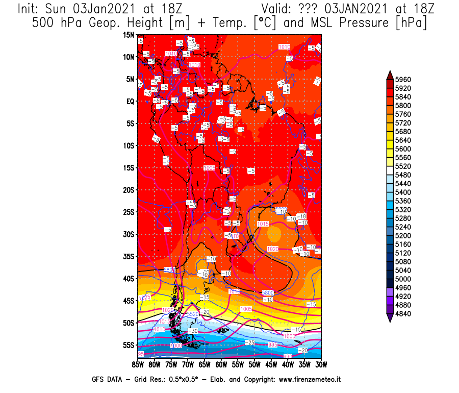 Mappa di analisi GFS - Geopotenziale [m] + Temp. [°C] a 500 hPa + Press. a livello del mare [hPa] in Sud-America
									del 03/01/2021 18 <!--googleoff: index-->UTC<!--googleon: index-->