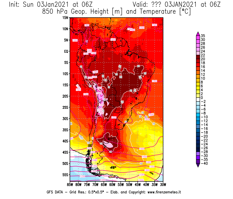 Mappa di analisi GFS - Geopotenziale [m] e Temperatura [°C] a 850 hPa in Sud-America
							del 03/01/2021 06 <!--googleoff: index-->UTC<!--googleon: index-->