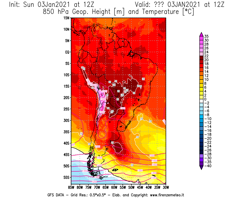 Mappa di analisi GFS - Geopotenziale [m] e Temperatura [°C] a 850 hPa in Sud-America
							del 03/01/2021 12 <!--googleoff: index-->UTC<!--googleon: index-->