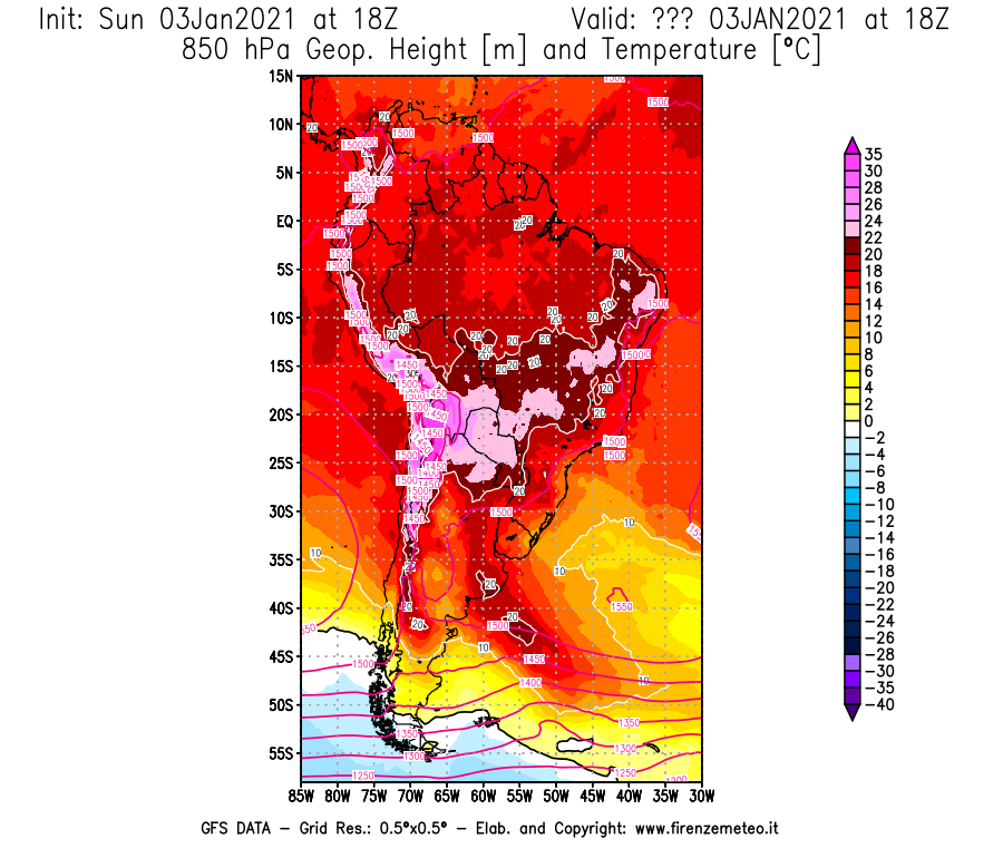 Mappa di analisi GFS - Geopotenziale [m] e Temperatura [°C] a 850 hPa in Sud-America
							del 03/01/2021 18 <!--googleoff: index-->UTC<!--googleon: index-->