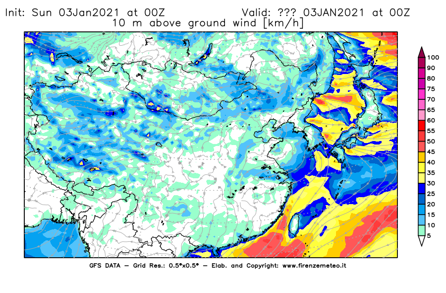Mappa di analisi GFS - Velocità del vento a 10 metri dal suolo [km/h] in Asia Orientale
									del 03/01/2021 00 <!--googleoff: index-->UTC<!--googleon: index-->