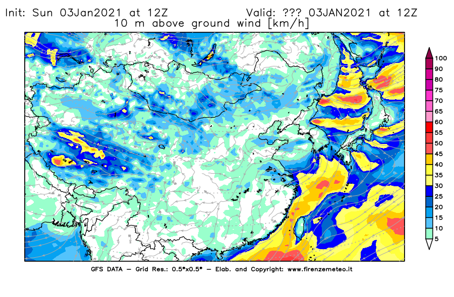 Mappa di analisi GFS - Velocità del vento a 10 metri dal suolo [km/h] in Asia Orientale
									del 03/01/2021 12 <!--googleoff: index-->UTC<!--googleon: index-->