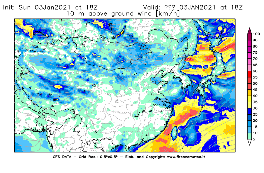 Mappa di analisi GFS - Velocità del vento a 10 metri dal suolo [km/h] in Asia Orientale
									del 03/01/2021 18 <!--googleoff: index-->UTC<!--googleon: index-->