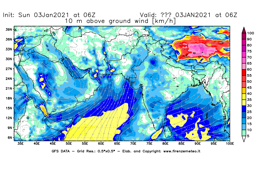 Mappa di analisi GFS - Velocità del vento a 10 metri dal suolo [km/h] in Asia Sud-Occidentale
									del 03/01/2021 06 <!--googleoff: index-->UTC<!--googleon: index-->