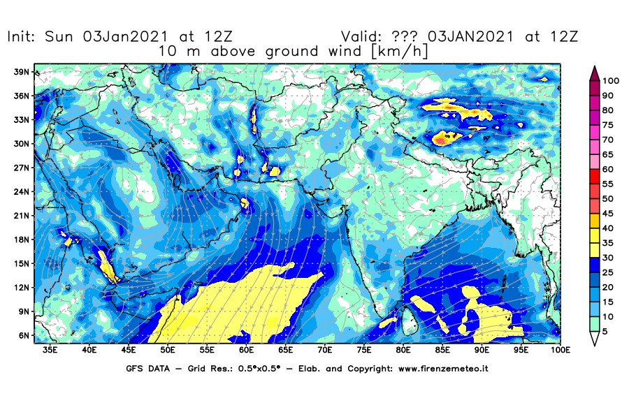 Mappa di analisi GFS - Velocità del vento a 10 metri dal suolo [km/h] in Asia Sud-Occidentale
									del 03/01/2021 12 <!--googleoff: index-->UTC<!--googleon: index-->