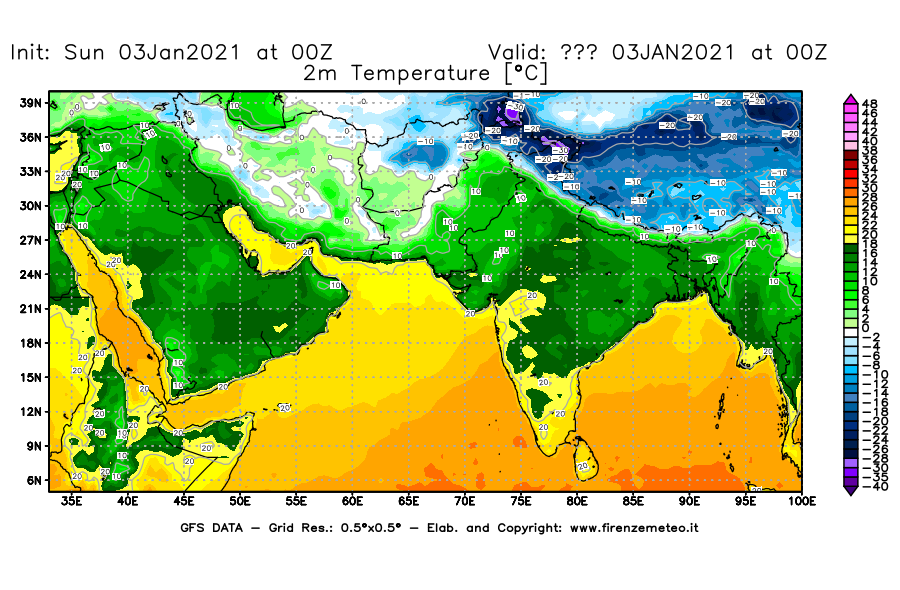 Mappa di analisi GFS - Temperatura a 2 metri dal suolo [°C] in Asia Sud-Occidentale
									del 03/01/2021 00 <!--googleoff: index-->UTC<!--googleon: index-->