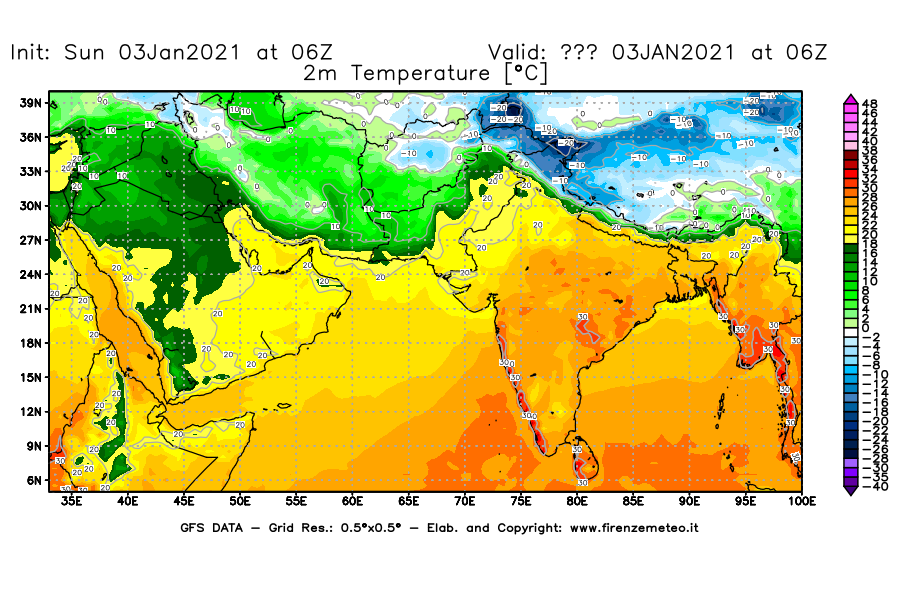 Mappa di analisi GFS - Temperatura a 2 metri dal suolo [°C] in Asia Sud-Occidentale
									del 03/01/2021 06 <!--googleoff: index-->UTC<!--googleon: index-->