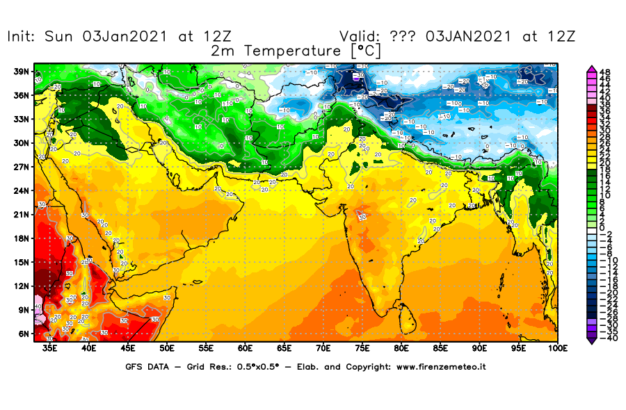 Mappa di analisi GFS - Temperatura a 2 metri dal suolo [°C] in Asia Sud-Occidentale
									del 03/01/2021 12 <!--googleoff: index-->UTC<!--googleon: index-->