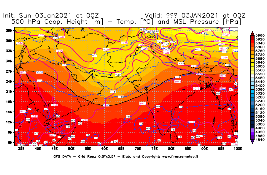 Mappa di analisi GFS - Geopotenziale [m] + Temp. [°C] a 500 hPa + Press. a livello del mare [hPa] in Asia Sud-Occidentale
							del 03/01/2021 00 <!--googleoff: index-->UTC<!--googleon: index-->
