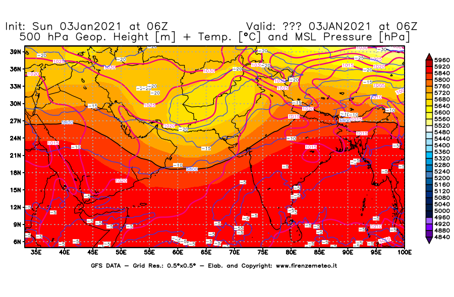 Mappa di analisi GFS - Geopotenziale [m] + Temp. [°C] a 500 hPa + Press. a livello del mare [hPa] in Asia Sud-Occidentale
							del 03/01/2021 06 <!--googleoff: index-->UTC<!--googleon: index-->
