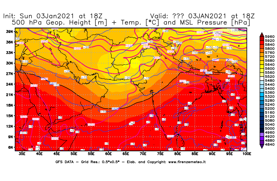 Mappa di analisi GFS - Geopotenziale [m] + Temp. [°C] a 500 hPa + Press. a livello del mare [hPa] in Asia Sud-Occidentale
							del 03/01/2021 18 <!--googleoff: index-->UTC<!--googleon: index-->
