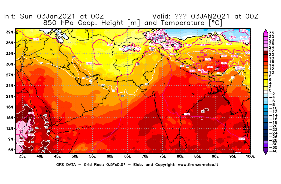 Mappa di analisi GFS - Geopotenziale [m] e Temperatura [°C] a 850 hPa in Asia Sud-Occidentale
							del 03/01/2021 00 <!--googleoff: index-->UTC<!--googleon: index-->