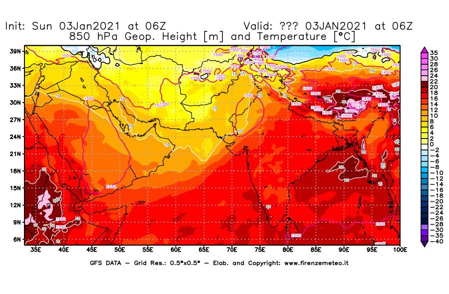 Mappa di analisi GFS - Geopotenziale [m] e Temperatura [°C] a 850 hPa in Asia Sud-Occidentale
									del 03/01/2021 06 <!--googleoff: index-->UTC<!--googleon: index-->