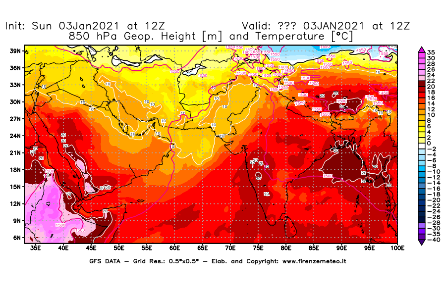 Mappa di analisi GFS - Geopotenziale [m] e Temperatura [°C] a 850 hPa in Asia Sud-Occidentale
									del 03/01/2021 12 <!--googleoff: index-->UTC<!--googleon: index-->