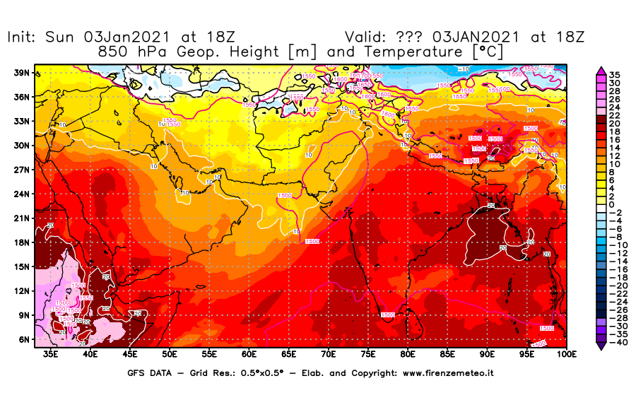Mappa di analisi GFS - Geopotenziale [m] e Temperatura [°C] a 850 hPa in Asia Sud-Occidentale
							del 03/01/2021 18 <!--googleoff: index-->UTC<!--googleon: index-->