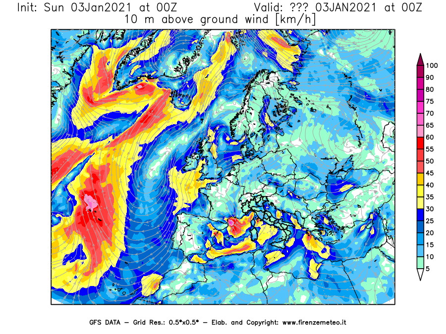 Mappa di analisi GFS - Velocità del vento a 10 metri dal suolo [km/h] in Europa
									del 03/01/2021 00 <!--googleoff: index-->UTC<!--googleon: index-->