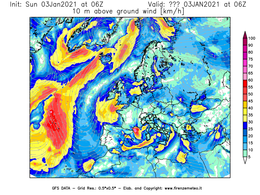 Mappa di analisi GFS - Velocità del vento a 10 metri dal suolo [km/h] in Europa
									del 03/01/2021 06 <!--googleoff: index-->UTC<!--googleon: index-->