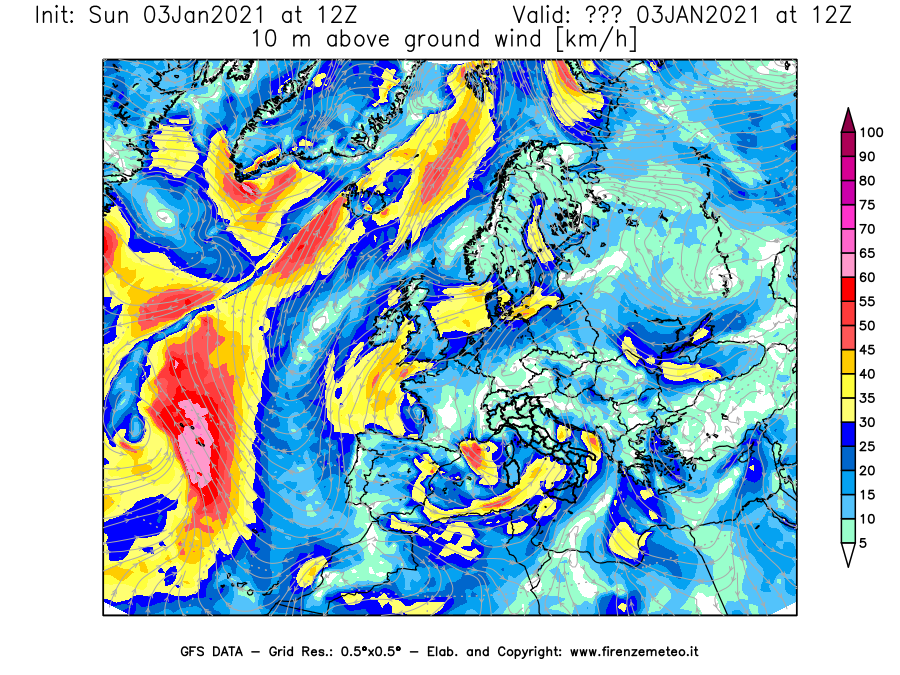 Mappa di analisi GFS - Velocità del vento a 10 metri dal suolo [km/h] in Europa
									del 03/01/2021 12 <!--googleoff: index-->UTC<!--googleon: index-->