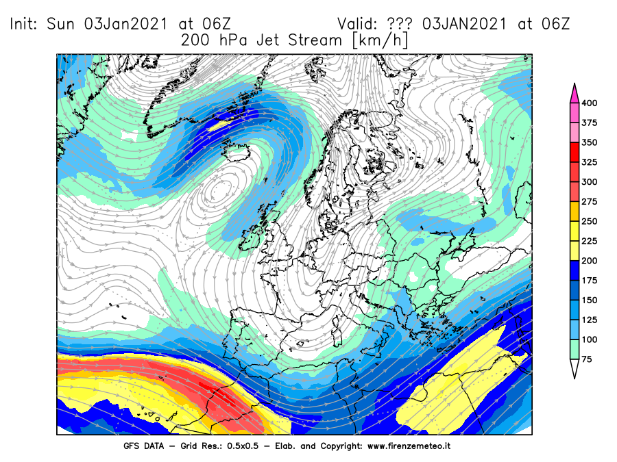 Mappa di analisi GFS - Jet Stream a 200 hPa in Europa
									del 03/01/2021 06 <!--googleoff: index-->UTC<!--googleon: index-->