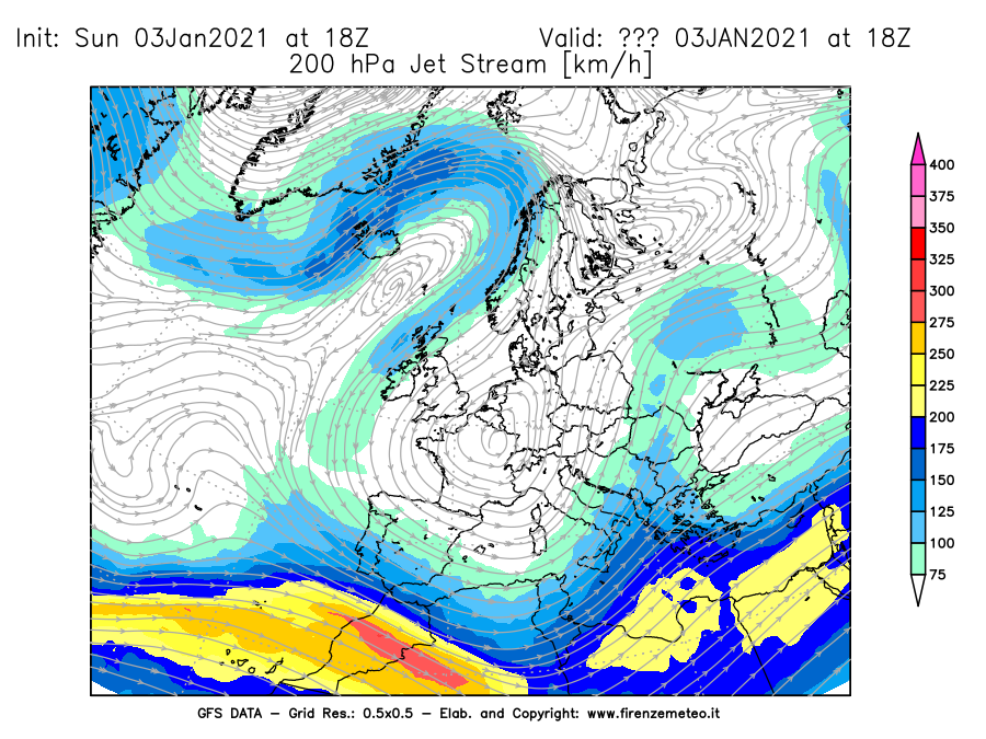 Mappa di analisi GFS - Jet Stream a 200 hPa in Europa
							del 03/01/2021 18 <!--googleoff: index-->UTC<!--googleon: index-->
