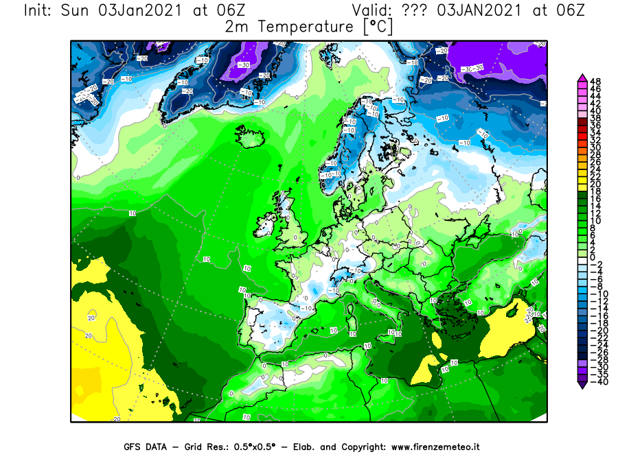 Mappa di analisi GFS - Temperatura a 2 metri dal suolo [°C] in Europa
									del 03/01/2021 06 <!--googleoff: index-->UTC<!--googleon: index-->
