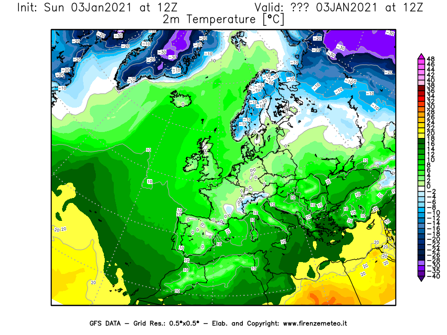 Mappa di analisi GFS - Temperatura a 2 metri dal suolo [°C] in Europa
							del 03/01/2021 12 <!--googleoff: index-->UTC<!--googleon: index-->
