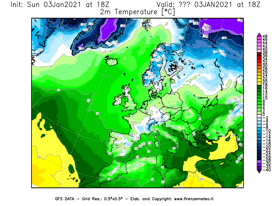 Mappa di analisi GFS - Temperatura a 2 metri dal suolo [°C] in Europa
							del 03/01/2021 18 <!--googleoff: index-->UTC<!--googleon: index-->