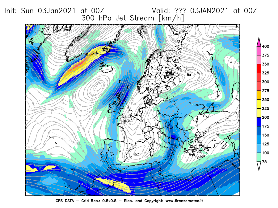Mappa di analisi GFS - Jet Stream a 300 hPa in Europa
									del 03/01/2021 00 <!--googleoff: index-->UTC<!--googleon: index-->