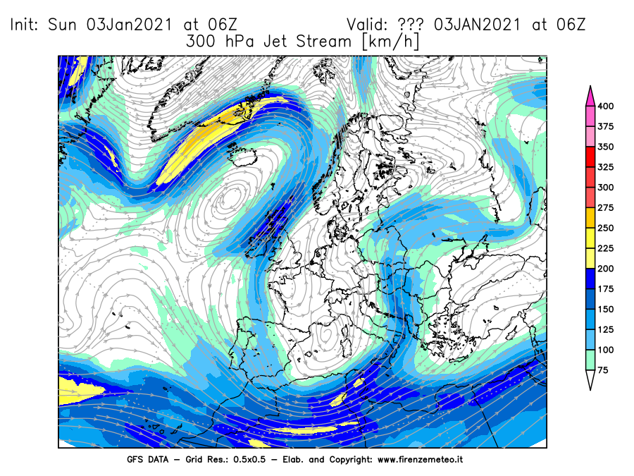 Mappa di analisi GFS - Jet Stream a 300 hPa in Europa
							del 03/01/2021 06 <!--googleoff: index-->UTC<!--googleon: index-->