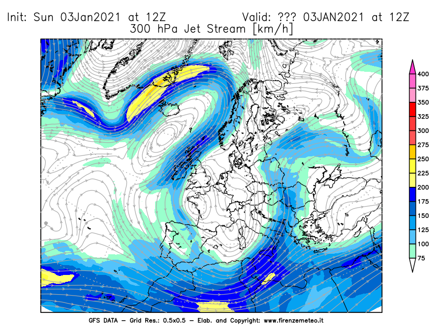 Mappa di analisi GFS - Jet Stream a 300 hPa in Europa
									del 03/01/2021 12 <!--googleoff: index-->UTC<!--googleon: index-->