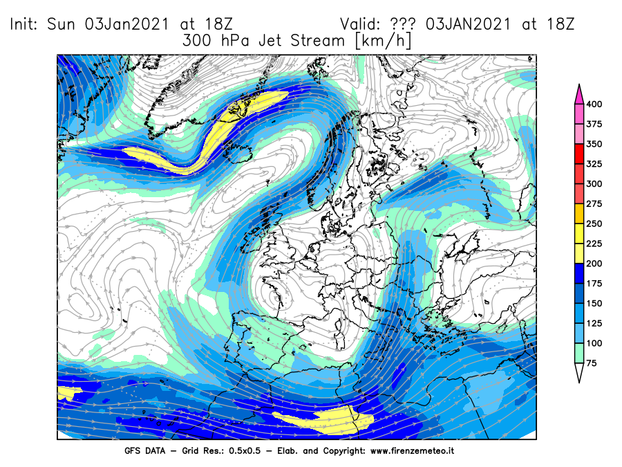 Mappa di analisi GFS - Jet Stream a 300 hPa in Europa
									del 03/01/2021 18 <!--googleoff: index-->UTC<!--googleon: index-->