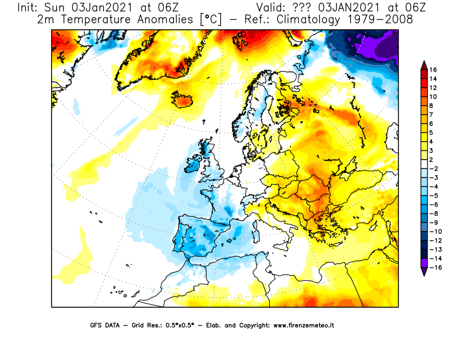 Mappa di analisi GFS - Anomalia Temperatura [°C] a 2 m in Europa
							del 03/01/2021 06 <!--googleoff: index-->UTC<!--googleon: index-->