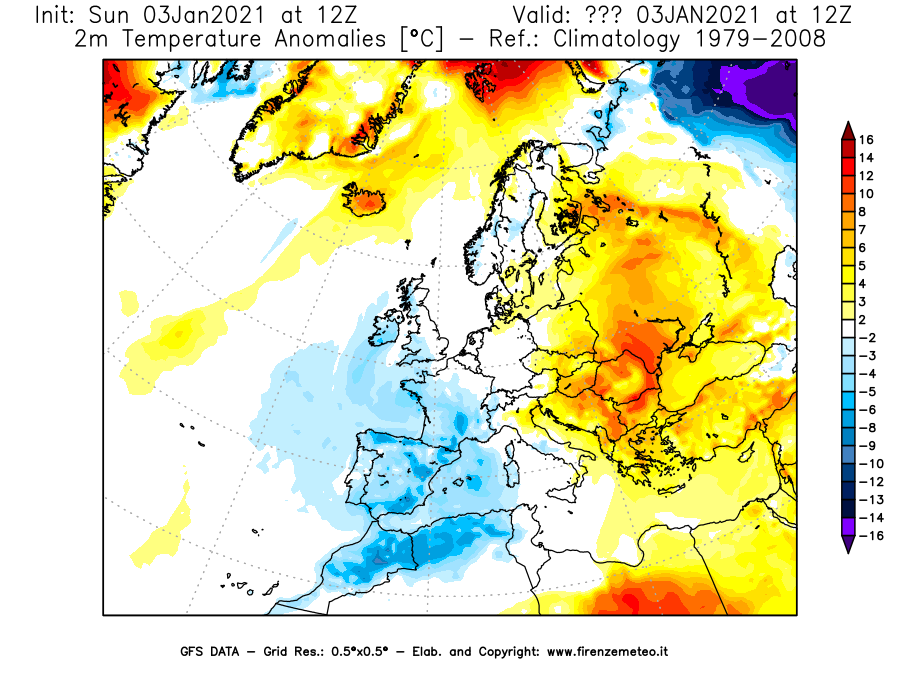 Mappa di analisi GFS - Anomalia Temperatura [°C] a 2 m in Europa
									del 03/01/2021 12 <!--googleoff: index-->UTC<!--googleon: index-->