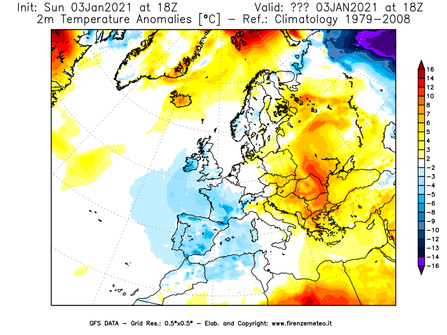 Mappa di analisi GFS - Anomalia Temperatura [°C] a 2 m in Europa
							del 03/01/2021 18 <!--googleoff: index-->UTC<!--googleon: index-->