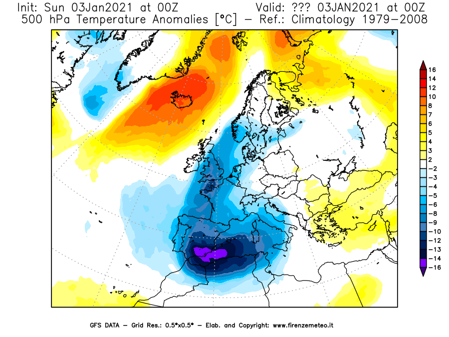 Mappa di analisi GFS - Anomalia Temperatura [°C] a 500 hPa in Europa
									del 03/01/2021 00 <!--googleoff: index-->UTC<!--googleon: index-->