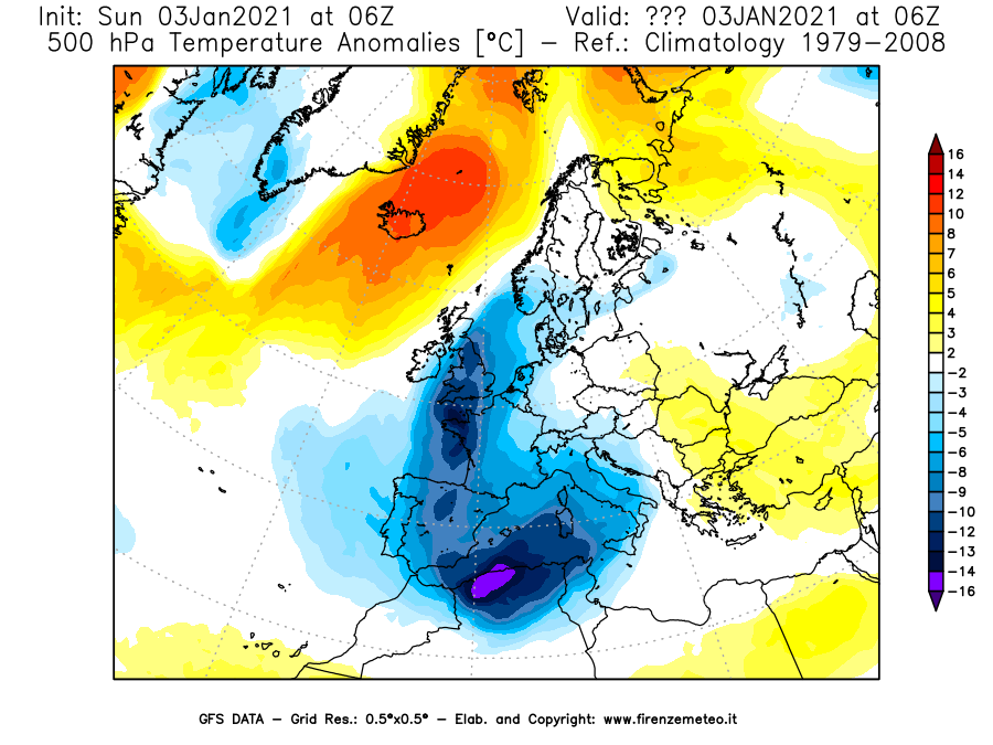 Mappa di analisi GFS - Anomalia Temperatura [°C] a 500 hPa in Europa
							del 03/01/2021 06 <!--googleoff: index-->UTC<!--googleon: index-->