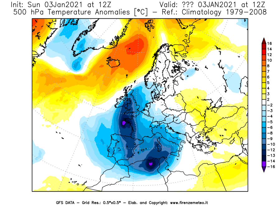 Mappa di analisi GFS - Anomalia Temperatura [°C] a 500 hPa in Europa
									del 03/01/2021 12 <!--googleoff: index-->UTC<!--googleon: index-->