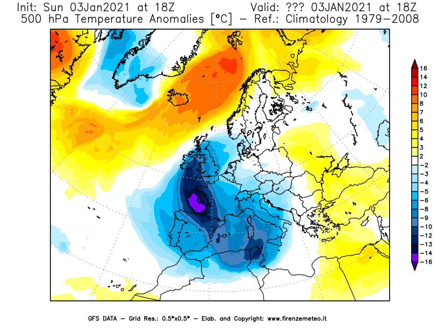 Mappa di analisi GFS - Anomalia Temperatura [°C] a 500 hPa in Europa
									del 03/01/2021 18 <!--googleoff: index-->UTC<!--googleon: index-->
