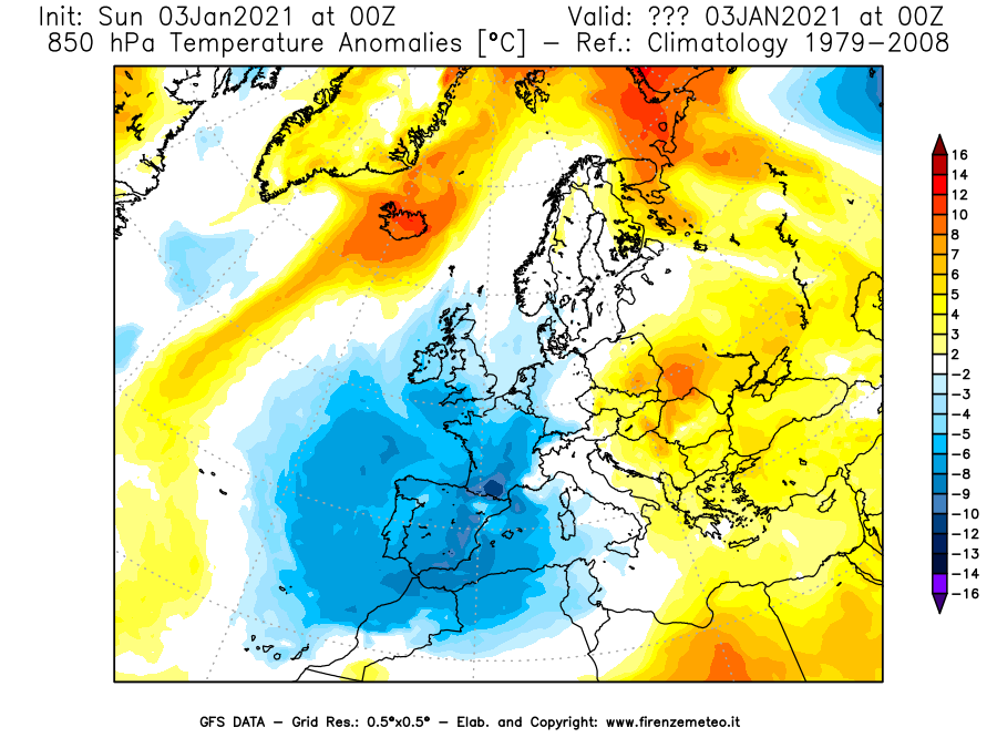 Mappa di analisi GFS - Anomalia Temperatura [°C] a 850 hPa in Europa
							del 03/01/2021 00 <!--googleoff: index-->UTC<!--googleon: index-->