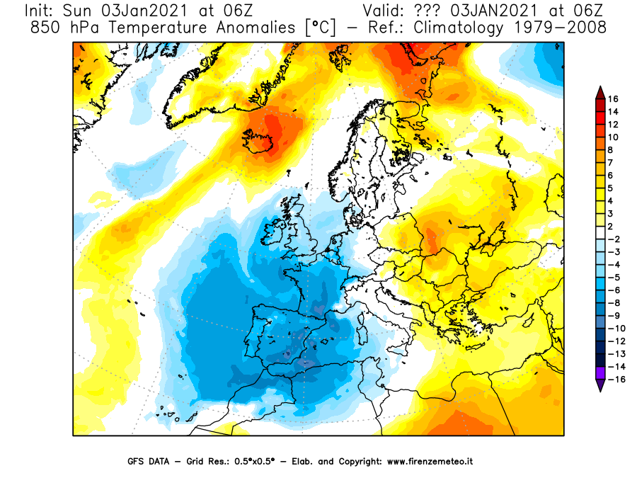 Mappa di analisi GFS - Anomalia Temperatura [°C] a 850 hPa in Europa
									del 03/01/2021 06 <!--googleoff: index-->UTC<!--googleon: index-->