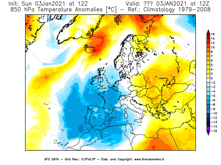 Mappa di analisi GFS - Anomalia Temperatura [°C] a 850 hPa in Europa
							del 03/01/2021 12 <!--googleoff: index-->UTC<!--googleon: index-->