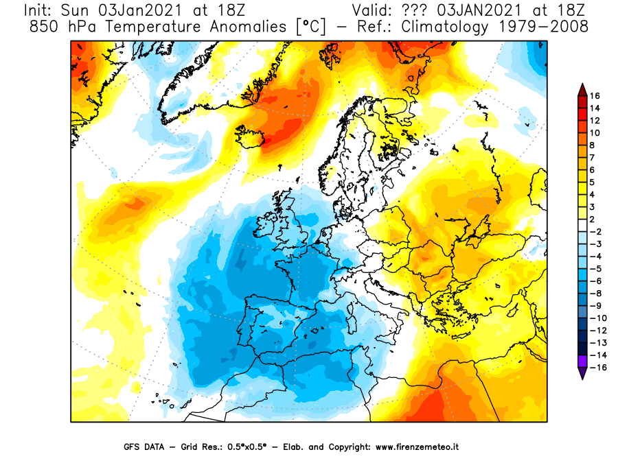 Mappa di analisi GFS - Anomalia Temperatura [°C] a 850 hPa in Europa
									del 03/01/2021 18 <!--googleoff: index-->UTC<!--googleon: index-->
