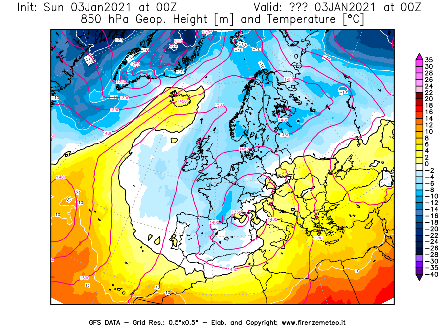 Mappa di analisi GFS - Geopotenziale [m] e Temperatura [°C] a 850 hPa in Europa
									del 03/01/2021 00 <!--googleoff: index-->UTC<!--googleon: index-->