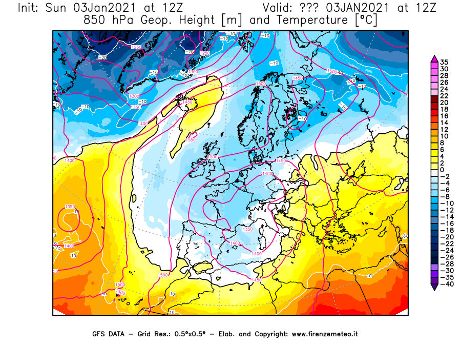 Mappa di analisi GFS - Geopotenziale [m] e Temperatura [°C] a 850 hPa in Europa
									del 03/01/2021 12 <!--googleoff: index-->UTC<!--googleon: index-->