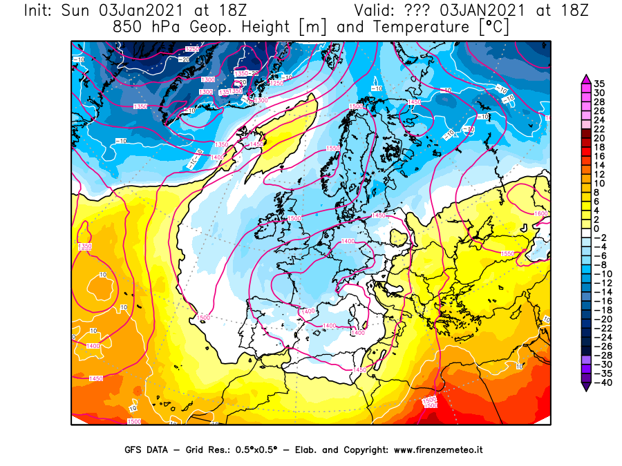 Mappa di analisi GFS - Geopotenziale [m] e Temperatura [°C] a 850 hPa in Europa
									del 03/01/2021 18 <!--googleoff: index-->UTC<!--googleon: index-->