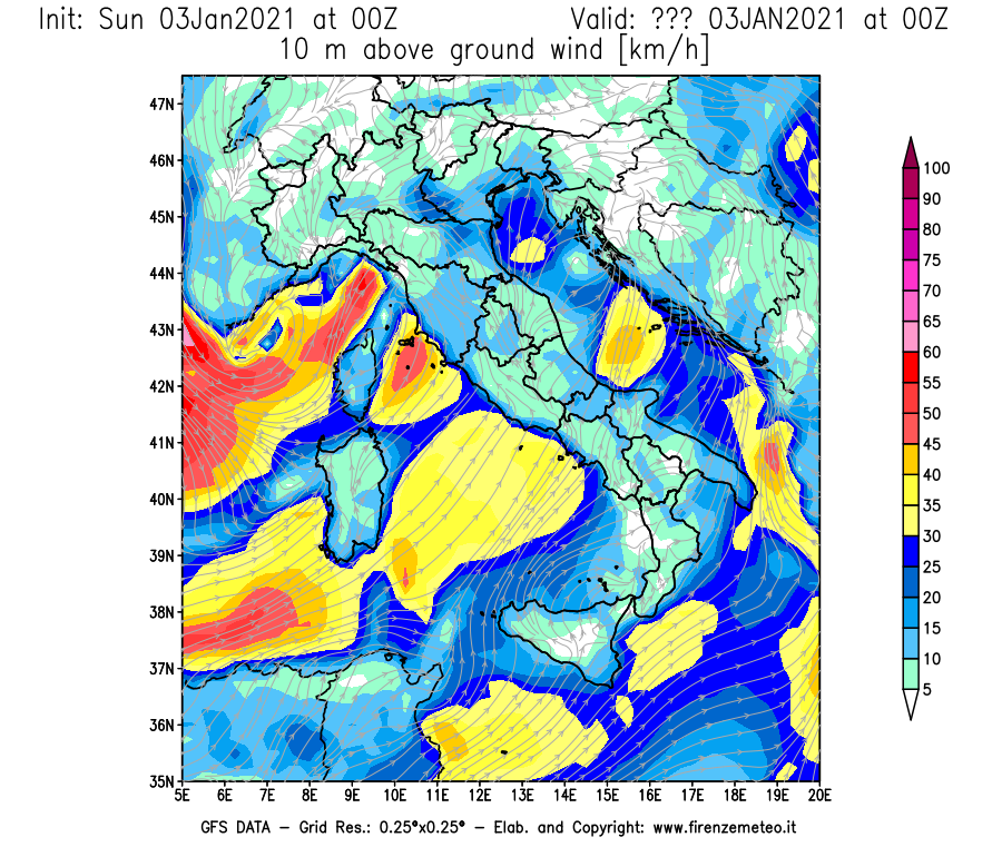 Mappa di analisi GFS - Velocità del vento a 10 metri dal suolo [km/h] in Italia
							del 03/01/2021 00 <!--googleoff: index-->UTC<!--googleon: index-->