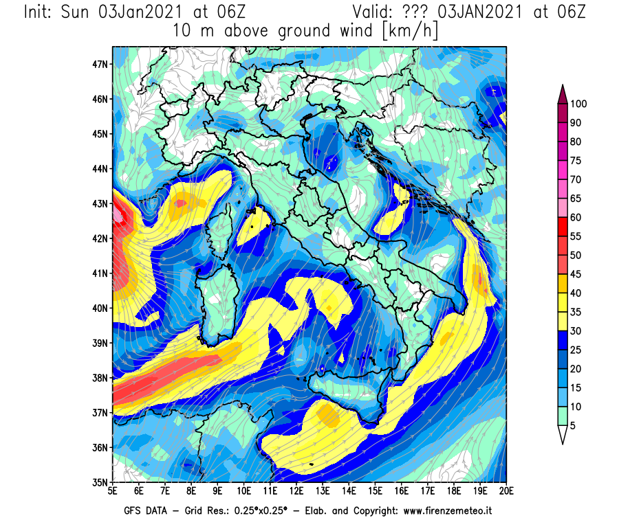 Mappa di analisi GFS - Velocità del vento a 10 metri dal suolo [km/h] in Italia
									del 03/01/2021 06 <!--googleoff: index-->UTC<!--googleon: index-->