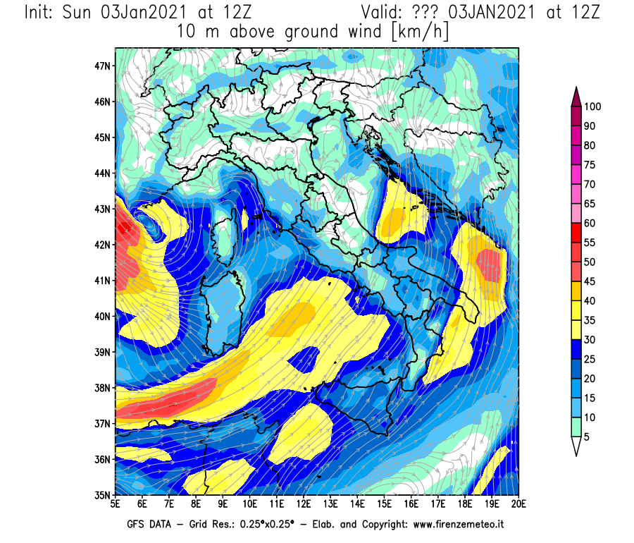 Mappa di analisi GFS - Velocità del vento a 10 metri dal suolo [km/h] in Italia
									del 03/01/2021 12 <!--googleoff: index-->UTC<!--googleon: index-->