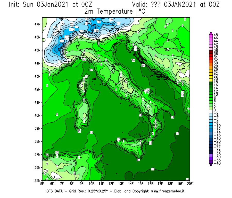 Mappa di analisi GFS - Temperatura a 2 metri dal suolo [°C] in Italia
									del 03/01/2021 00 <!--googleoff: index-->UTC<!--googleon: index-->