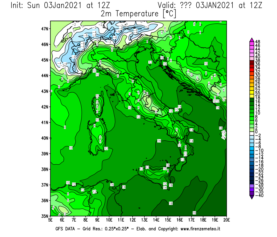 Mappa di analisi GFS - Temperatura a 2 metri dal suolo [°C] in Italia
									del 03/01/2021 12 <!--googleoff: index-->UTC<!--googleon: index-->
